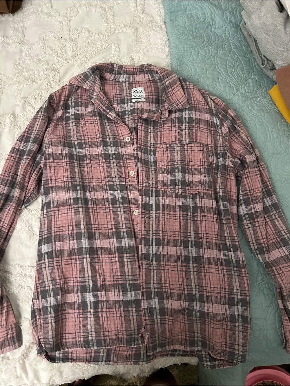 ZARA Men Pink and Gray Plaid Button-Down Shirt